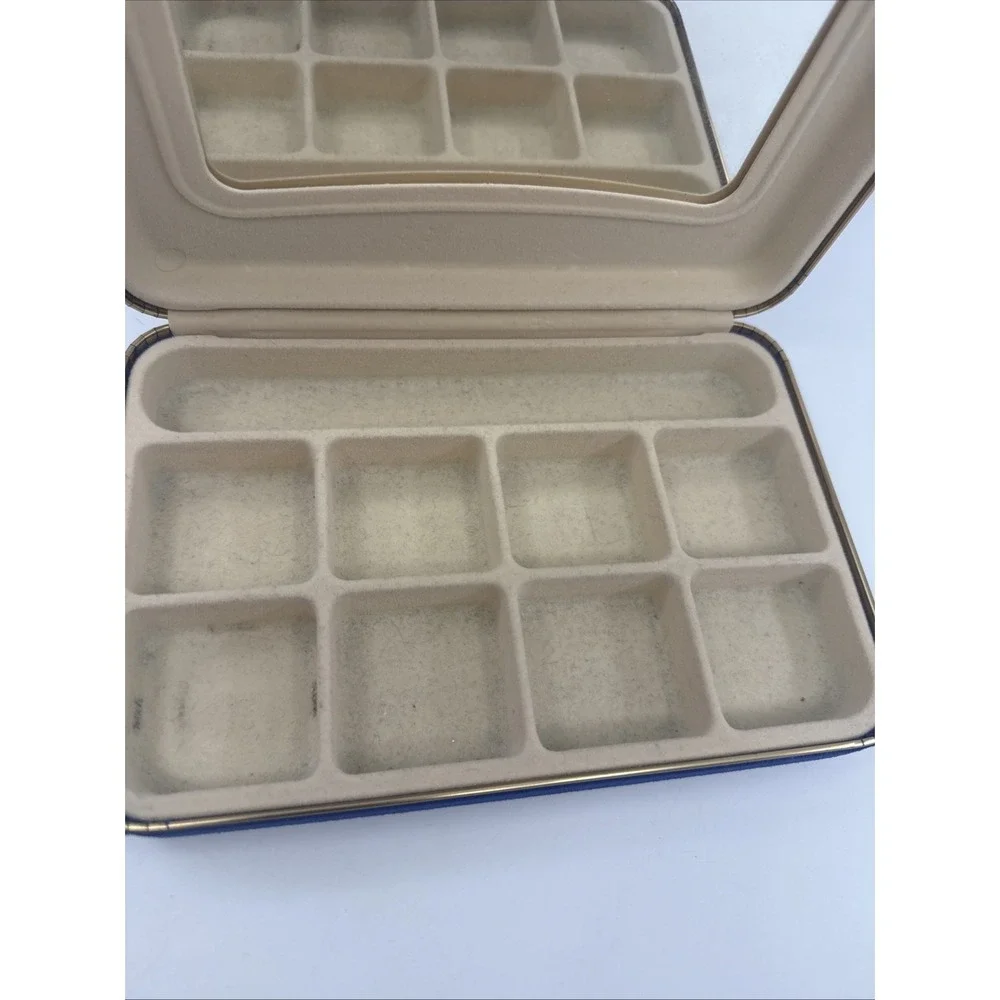 Vintage Clam Shell Blue Velvet Hinged Travel Jewelry Box Organizer 9x4